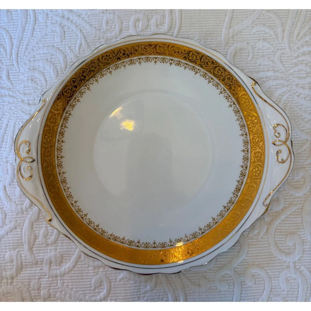 Royal Albert Bone China Regency Pattern handled cake plate with Gold Floral Band